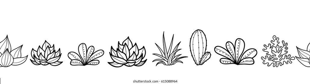 Vector Black and White Seamless Horizontal Repeat Pattern Border With Growing Succulents and Cacti In Pots. Trendy tropical design for textile, fabric, packaging, backdrops, wallpaper.