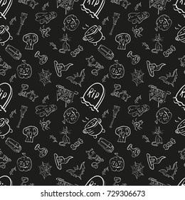 vector black and white seamless illustration of halloween celebration symbols