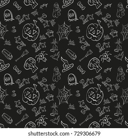 vector black and white seamless illustration of halloween celebration symbols