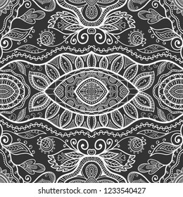 Vector black and white seamless line pattern, monochrome floral, geometric background. Abstract doodle illustration. Arabic Indian motif, ethnic ornament. Fashion fabric print, repeating texture
