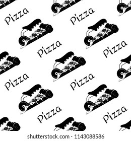 Vector black and white seamless pattern with sliced pizza and cutter. Text pizza. Isolated on the white background.