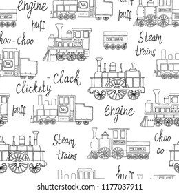 Vector black and white seamless pattern of retro engines. Vector repeat background of vintage trains isolated on white background. Cartoon style endless illustration of old trains for children
