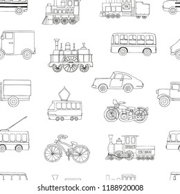 Vector black and white seamless pattern of retro engines and transport. Vector repeat background of vintage trains bus, tram, trolleybus, car, bicycle, bike, van, truck isolated on white background