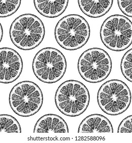 Vector black and white seamless pattern with citrus, lemon or orange wedges. illustration in vintage engraved style.