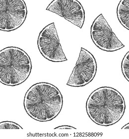 Vector black and white seamless pattern with citrus, lemon and orange wedges. illustration in vintage engraved style.