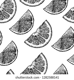 Vector black and white seamless pattern with citrus, lemon and orange wedges. illustration in vintage engraved style.