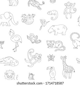 Vector black and white seamless Pattern with cute exotic animals. Funny tropical repeat background with birds. Monochrome illustration for children. Jungle summer texture