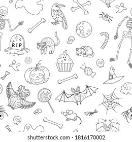 Vector black and white seamless pattern with Halloween elements. Traditional Samhain party background. Scary digital paper with jack-o-lantern, spider, ghost, skull, bats, skeleton
