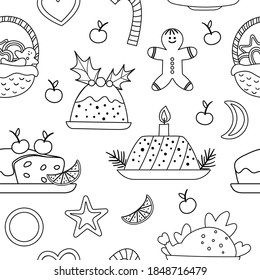 Vector black and white seamless pattern with traditional Christmas desserts and dishes. Cute funny line repeating background new year meal. Digital paper with winter food.
