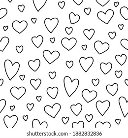 Vector black and white seamless pattern with little hearts. Repeating background with Saint Valentine’s day symbols. Playful February holiday line texture with love concept
