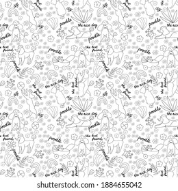 vector black and white seamless pattern with hand drawn poodles and flowers and letterig