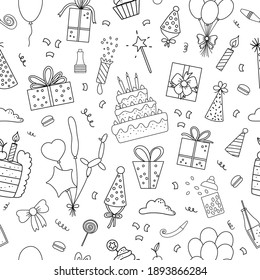 Vector black and white seamless pattern with cute happy Birthday design elements. Party celebration repeating background. Vector holiday digital paper with line presents, cake with candles 
