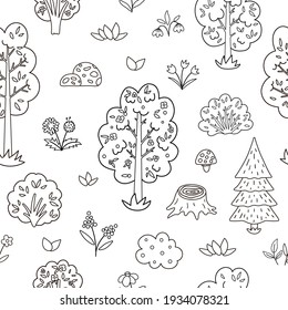 Vector black and white seamless pattern with garden or forest trees, plants, shrubs, bushes, flowers. Outline spring woodland or farm repeating background. Natural greenery digital paper