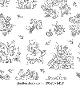 Vector black and white seamless pattern with flowers, cute boho baby animals and parents. Funny woodland animal repeating background. Line Mothers Day digital paper. 
