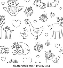 Vector black and white seamless pattern with cute boho baby animals and parents. Funny line woodland animal repeating background. Mothers Day digital paper. Mother and child outline texture
