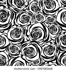 Vector black and white seamless pattern with roses silhouettes.