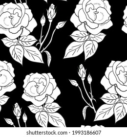 Vektorgrafik aus schwarz-weißem, nahtlosem Muster mit Rosenblumen und Rosenknospen.