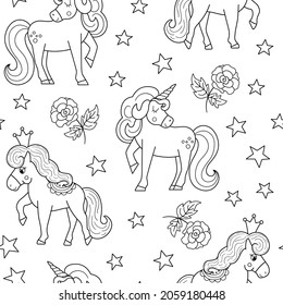Vector black and white seamless pattern with unicorn, rose, stars, crowns. Fairy tale outline princess repeat background. Girlish cartoon magic coloring page with fantasy horses and flowers
