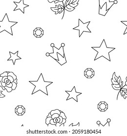 Vector black and white seamless pattern with rose, stars, crowns, gems. Simple outline fairy tale princess repeat background. Girlish cartoon magic texture with fantasy objects
