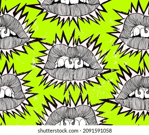 Vector black and white seamless pattern of hand drawn punk lips with piercing in the style of the of punk flyers and posters with sharp spikes bursting out on green background.