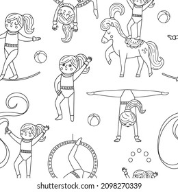 Vector black and white seamless pattern with gymnast girls with hoop, horse, ribbon. Line repeat background with cute funny acrobat. Circus or sport artist digital paper or coloring page
