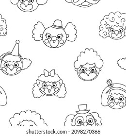 Vector black and white seamless pattern with clown faces. Circus artists line avatars repeat background. Amusement holiday digital paper or coloring page. Cute funny festival texture
