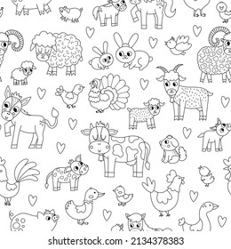 Vector black and white seamless pattern with farm animals and birds. Outline repeat background with cow, horse, sheep, duck and kids. Cute mother and baby digital paper. Family love coloring page
