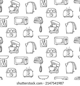 Vector black and white seamless pattern small kitchen appliances: kettle, microwave, mixer, kitchen machine, scales, egg cooker, toaster