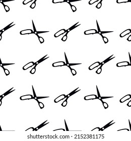 Vector black and white seamless pattern with tailoring scissors. Simple minimalist design for textile, wrapping paper, wallpaper, illustration about sewing equipment, hobby, hand craft.