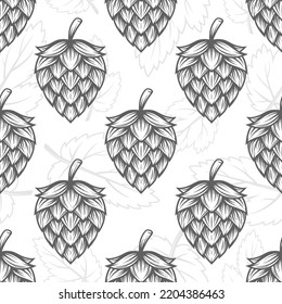 Vector Black and White Seamless Pattern with Hand Drawn Cartoon Hop, Repeated Hop Print. Hop Design for Textile, Wallpapers, Cards, Fabrics, Packaging, Wrapping