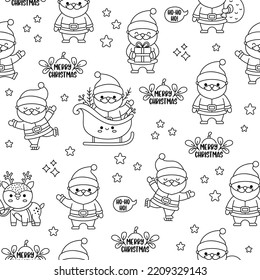 Patrón vectorial sin fisuras en blanco y negro con el kawaii Santa Claus. Recortar el fondo de repetición con Santa, presente, saco. Papel digital de la línea del padre Frost. página de color navidad, invierno, Año Nuevo
