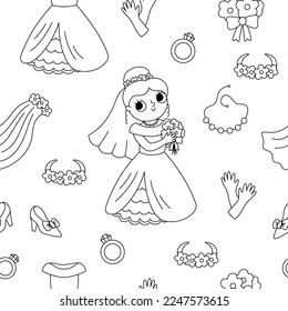 Vector black and white seamless pattern with bride clothes. Cute line repeat background with just married girl, dress, accessory. Wedding ceremony digital paper. Cartoon marriage coloring page
