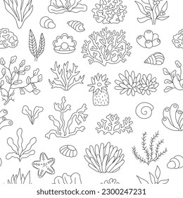 Vector black and white seamless pattern with seaweeds. Under the sea line repeat background or coloring page with corals, actinia, seashells, pearl. Ocean life or water weeds digital paper
