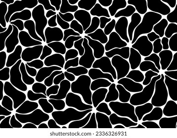 Vector black and white seamless pattern with free silhouettes of floral organic shapes. Matisse flower art endless background. Organic flat in trendy naive retro style. Floral vector illustration