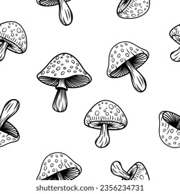 Vector Black and White Seamless Pattern with Hand Drawn Cartoon Mushrooms. Amanita Muscaria, Fly Agaric Illustration, Mushrooms Collection. Magic Mushroom Symbol, Design Template