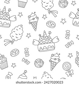 Vector black and white seamless pattern with sweets. Cute line rainbow, unicorn themed repeat background with cake, ice cream, lollypop, cotton candy, donuts, cupcakes
