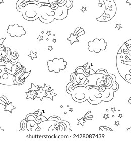 Vector black and white seamless pattern with sleeping unicorns. Repeat background with fairytale characters, falling stars. Fantasy world digital paper. Good night texture, coloring page
