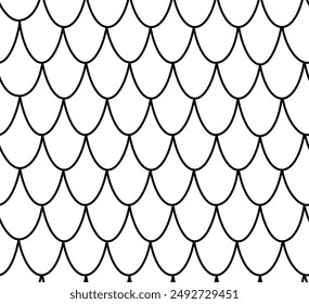 Vector black and white seamless pattern with fish scale. Abstract underwater line repeat background with mermaid tail texture. Cartoon marine fairytale backdrop for kids. Water coloring page
