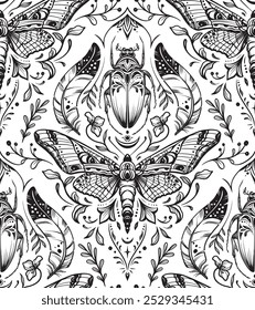 Vector patrón sin fisuras en blanco y negro con objetos místicos, mariposas, plantas, Elementos de la astrología y la geometría sagrada