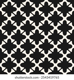 Vector black and white seamless pattern. Simple monochrome geometric floral ornament. Abstract background texture with bold flower silhouettes, lattice, grid, crosses, repeat tiles. Dark geo design