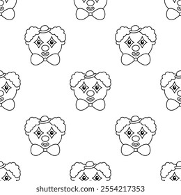 vector black and white seamless pattern with clown faces, circus artist line avatar repeat background, cute funny festival texture