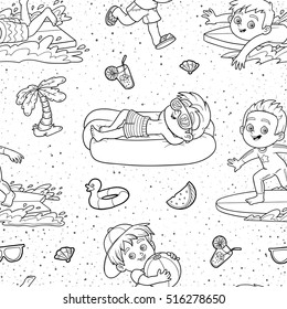 Vector black and white seamless pattern with summer holiday, set of boys on white background