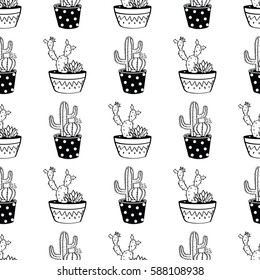 Vector black and white seamless pattern with cactuses and succulents in pots. Modern scandinavian design
