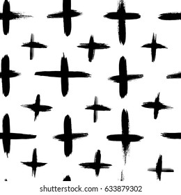 Vector black and white seamless pattern with crosses. Traced watercolor brush stroke.