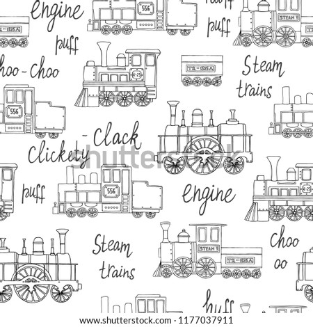 Vector black and white seamless pattern of retro engines. Vector repeat background of vintage trains isolated on white background. Cartoon style endless illustration of old trains for children
