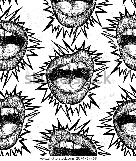 Vector black and white seamless pattern of\
hand drawn punk lips open mouth with tongue piercing in the style\
of the of punk flyers and posters with sharp spikes bursting out on\
white background.