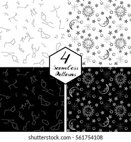 Vector black and white seamless patterns set of a night sky with stars, constellations, moon and sun. 