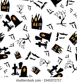 vector black and white seamless repeat pattern halloween bats, trees and haunted house perfect for scrapbooking and greetings card for a spooky fabric