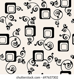 Vector Black White Seamless Wallpaper. Vintage Pattern. leaves grow from inside of the box