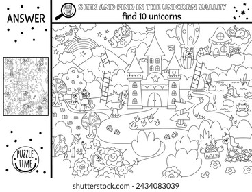 Vector black and white searching coloring game with magic village landscape. Spot hidden unicorns. Simple line fantasy or fairytale seek and find printable activity for kids with castle, rainbow
